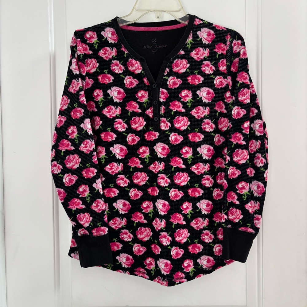 Betsey Johnson Henley Black Pink Roses Long Sleeve Sleep Shirt